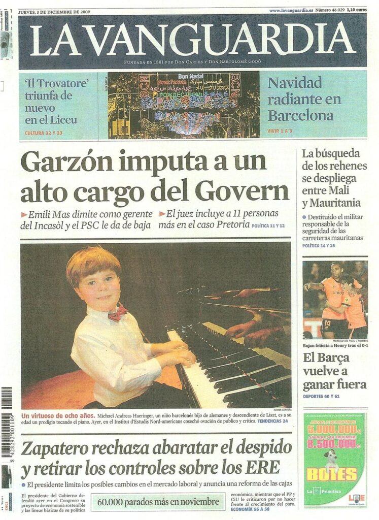 Portada de La Vanguardia del 3 de diciembre de 2009: Un virtuoso de ocho años