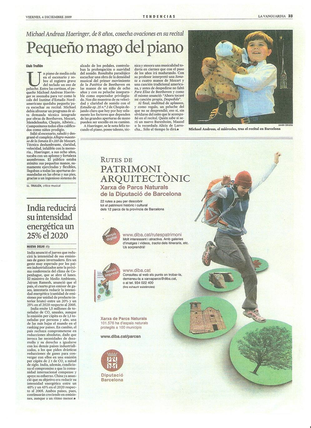 Recorte de prensa (La Vanguardia): «Pequeño mago del piano»