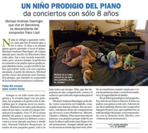 Recorte de prensa: «Un niño prodigio del piano da conciertos con sólo 8 años»