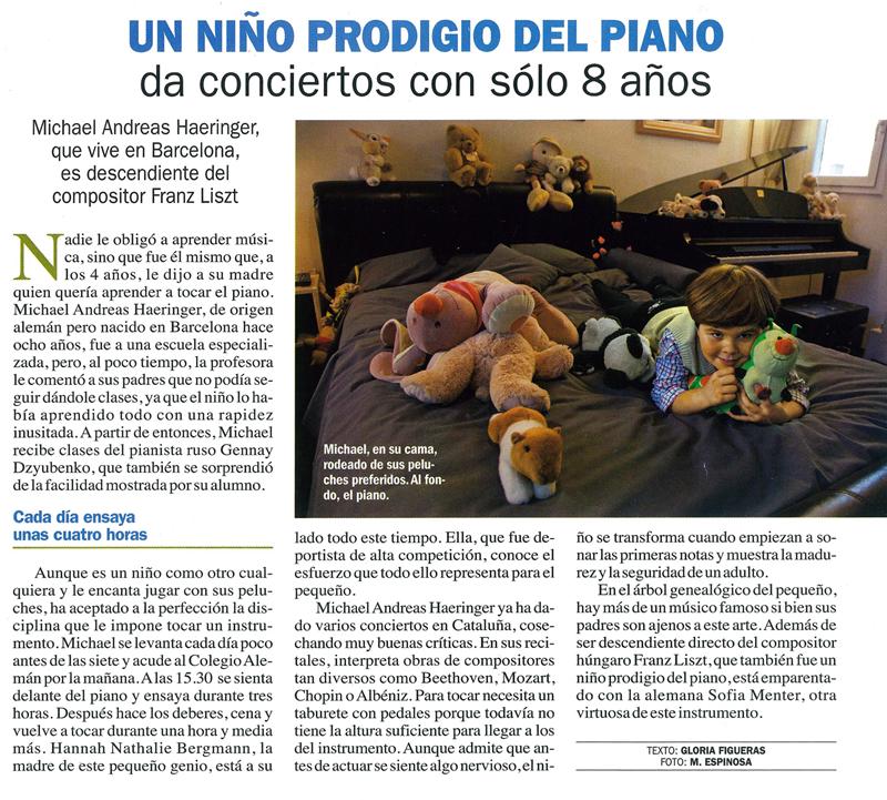 Recorte de prensa: «Un niño prodigio del piano da conciertos con sólo 8 años»