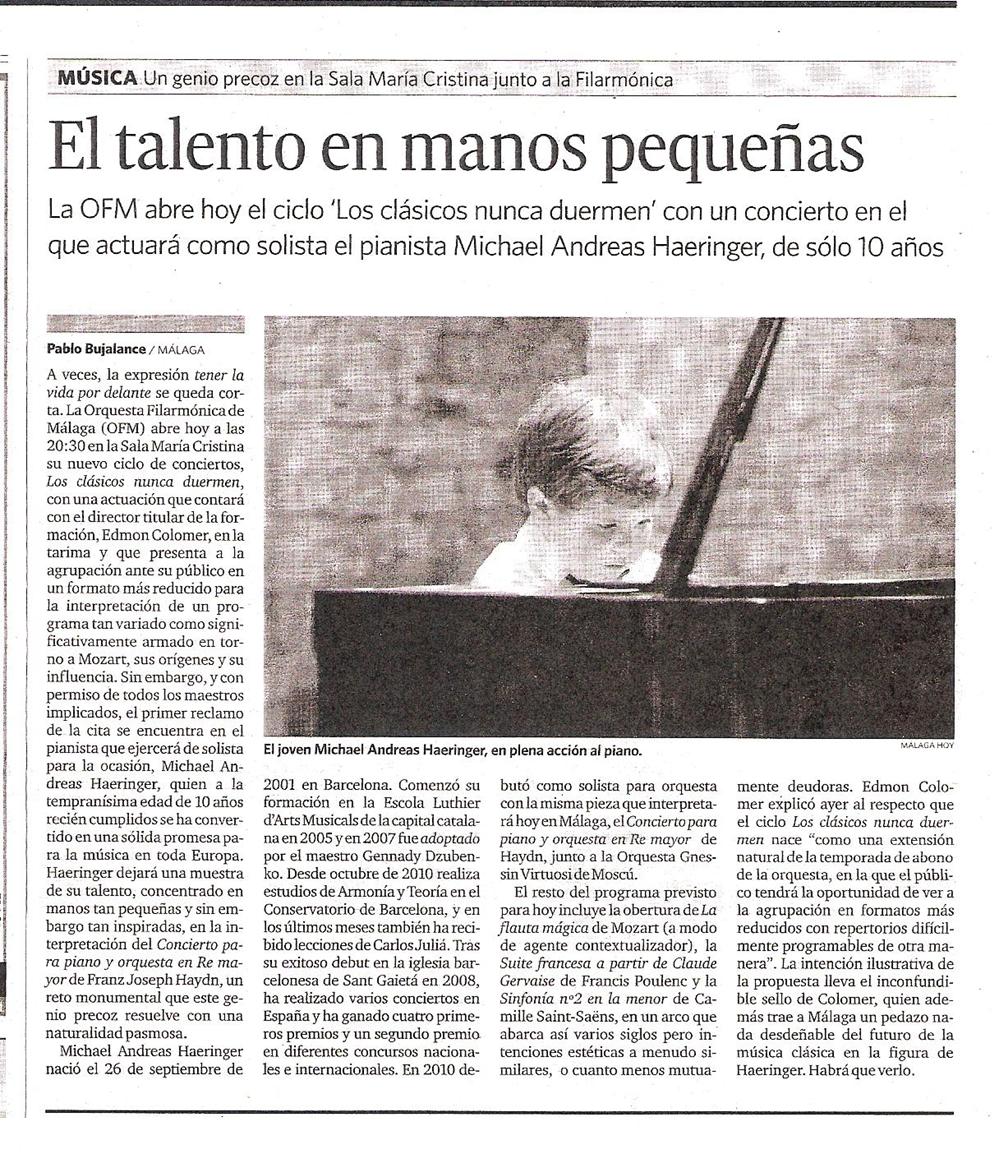 Recorte de prensa (Málaga Hoy): «El talento en manos pequeñas»