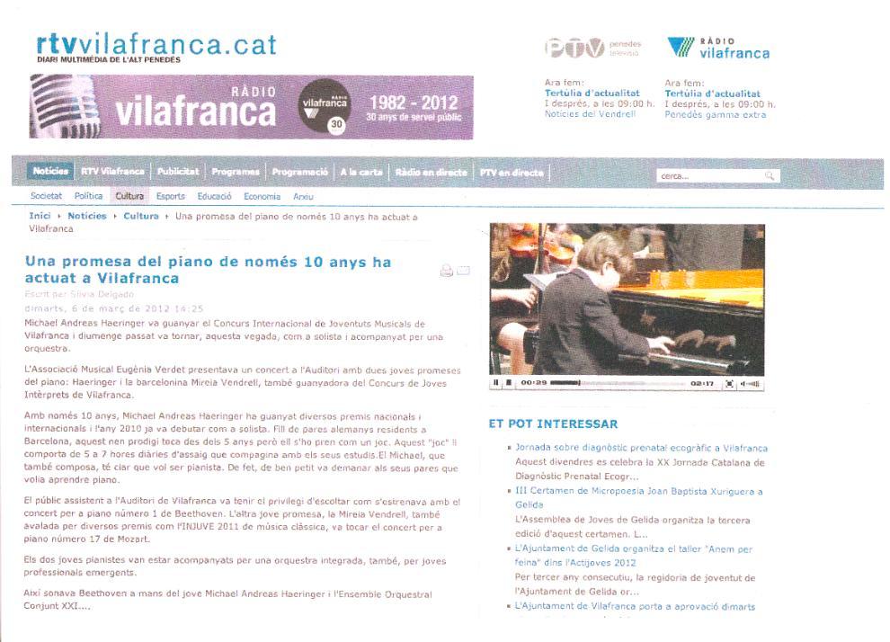 Recorte de prensa (RTV Vilafranca): «Una promesa del piano de només 10 anys ha actuat a Vilafranca»
