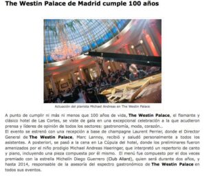 Recorte de prensa: Michael Andreas actúa en la celebración del centenario de The Westin Palace de Madrid