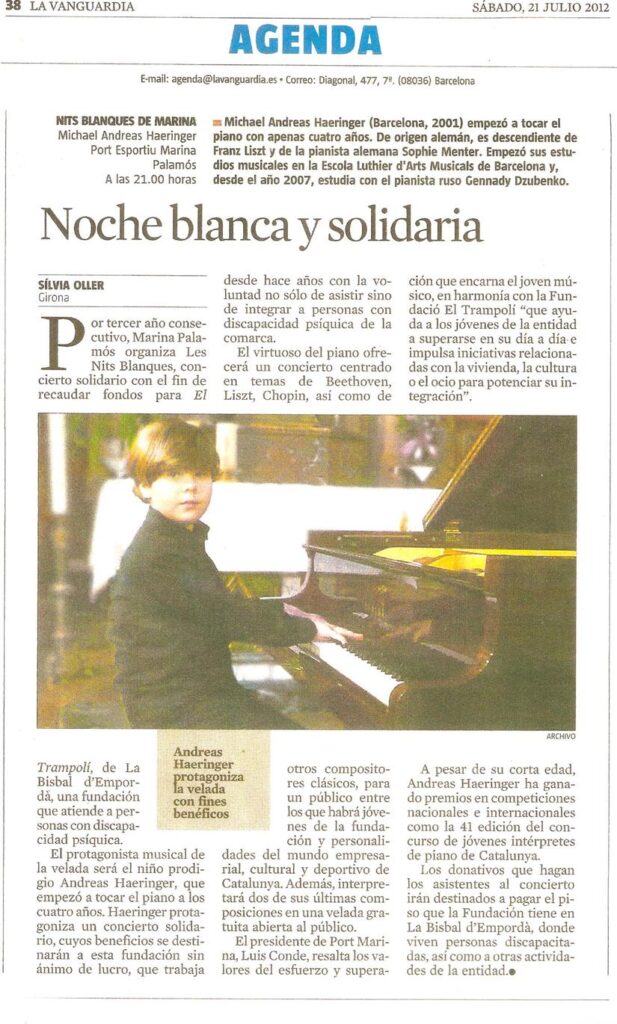 Recorte de prensa (La Vanguardia): La Vanguardia anuncia el concierto solidario de Michael Andreas en las Nits Blanques de Marina Palamós