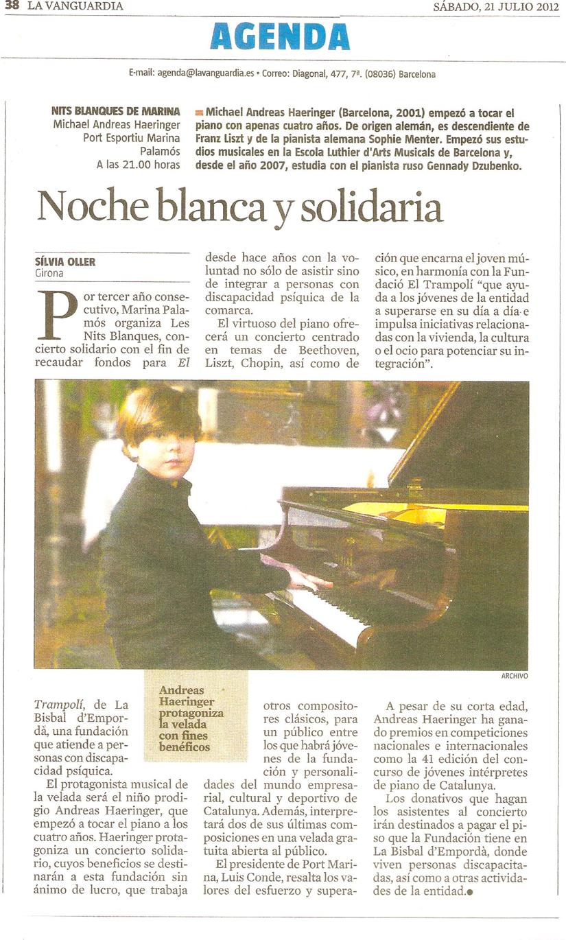 Recorte de prensa (La Vanguardia): La Vanguardia anuncia el concierto solidario de Michael Andreas en las Nits Blanques de Marina Palamós