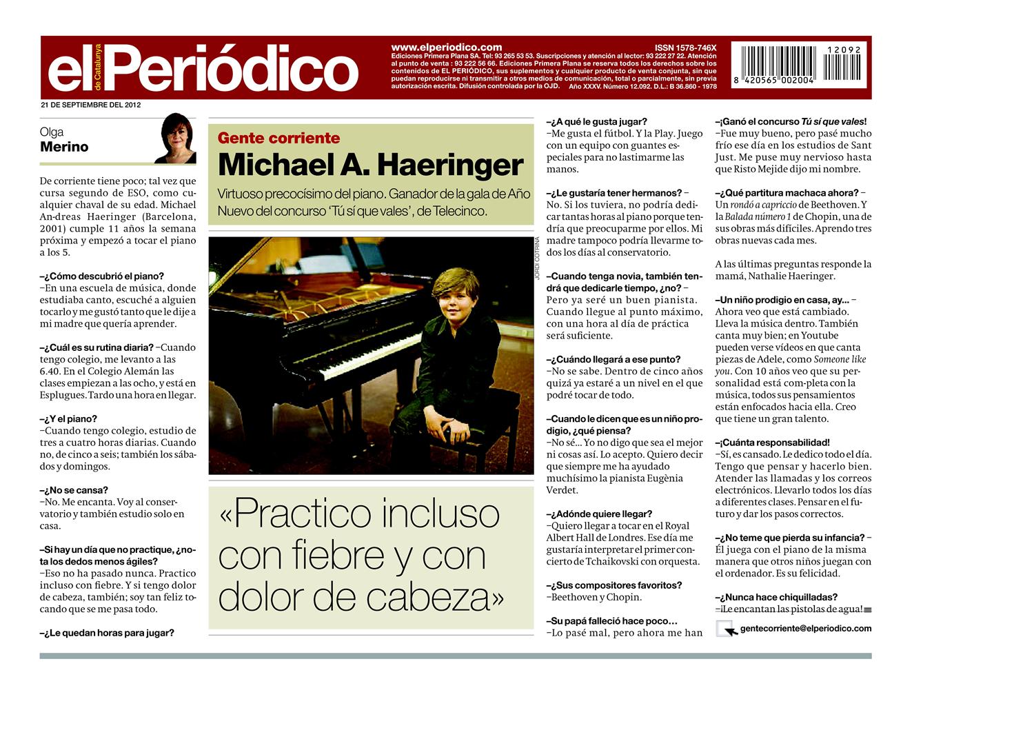 Recorte de prensa (El Periódico de Catalunya): «Virtuoso precocísimo del piano»