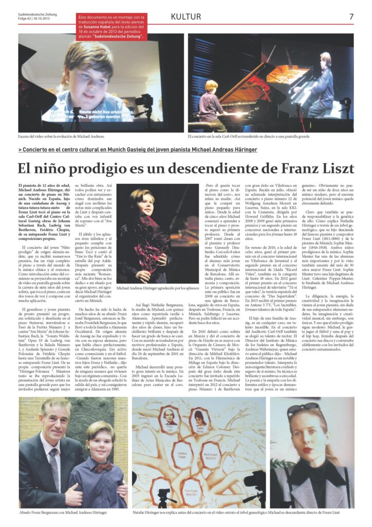 Recorte de prensa (Sudetendeutsche Zeitung): «El niño prodigio es un descendiente de Franz Liszt»
