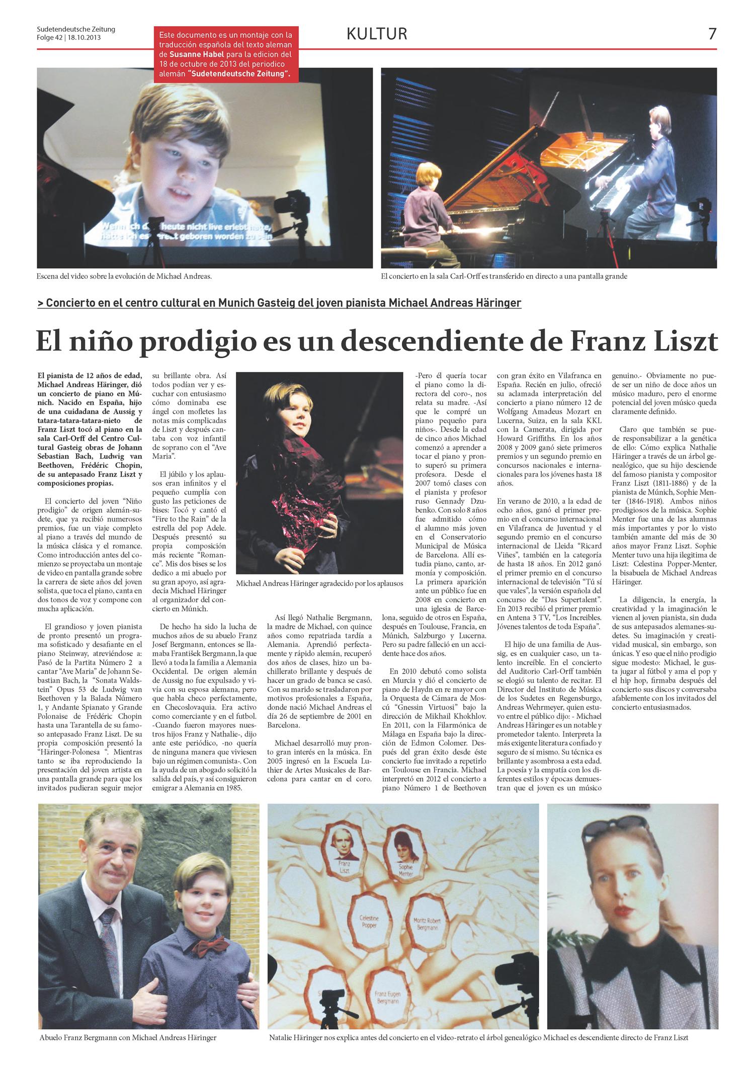 Recorte de prensa (Sudetendeutsche Zeitung): «El niño prodigio es un descendiente de Franz Liszt»