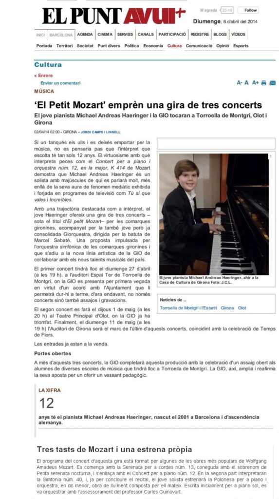 Recorte de prensa (El Punt Avui): «El Petit Mozart» emprende una gira de tres conciertos