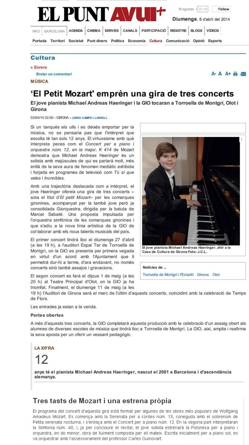 Recorte de prensa (El Punt Avui): «El Petit Mozart» emprende una gira de tres conciertos
