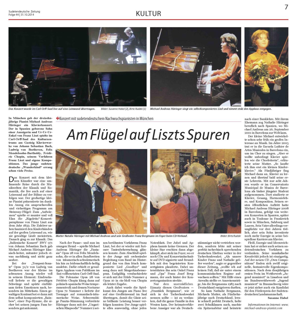Recorte de prensa (Sudetendeutsche Zeitung): recital de Michael Andreas con 13 años en el Gasteig de Múnich