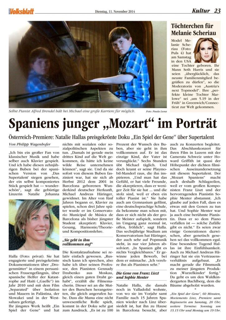Recorte de prensa (Neues Volksblatt): estreno en Austria del documental «Ein Spiel der Gene»
