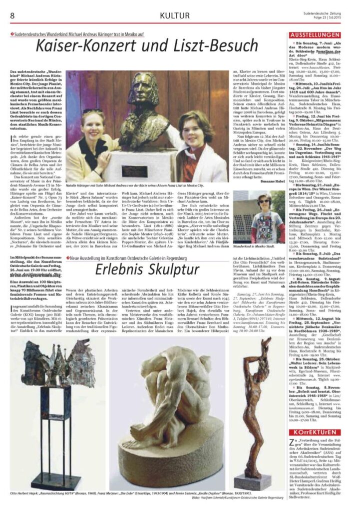 Recorte de prensa (Sudetendeutsche Zeitung): éxito de Michael Andreas en Ciudad de México