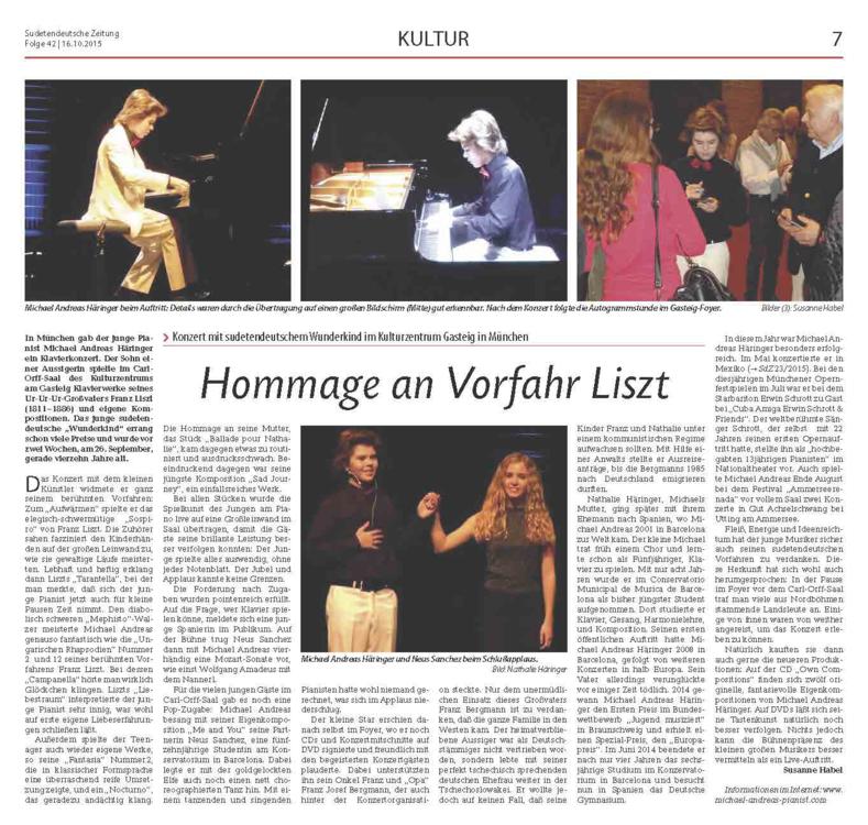 Recorte de prensa (Sudetendeutsche Zeitung): recital dedicado a Liszt en el Gasteig de Múnich (2015)