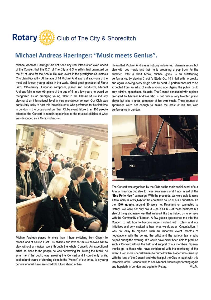 Recorte de prensa (Rotary Club of The City and Shoreditch): el Rotary Club destaca el concierto de Michael Andreas en St James's Piccadilly