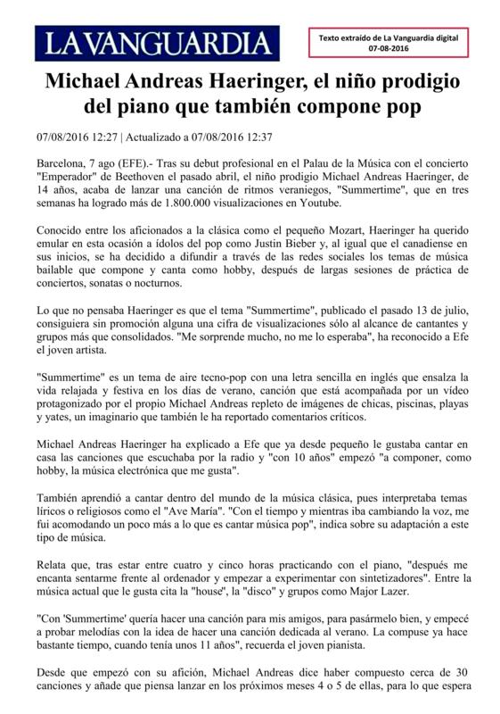 Recorte de prensa (La Vanguardia (EFE)): el niño prodigio del piano que también compone pop