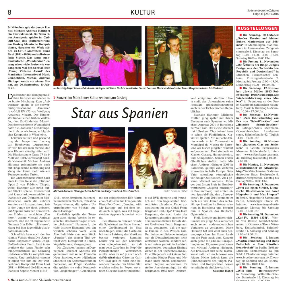 Recorte de prensa (Sudetendeutsche Zeitung): Sudetendeutsche Zeitung reseña el recital de Michael Andreas en el Gasteig de Múnich (2016)